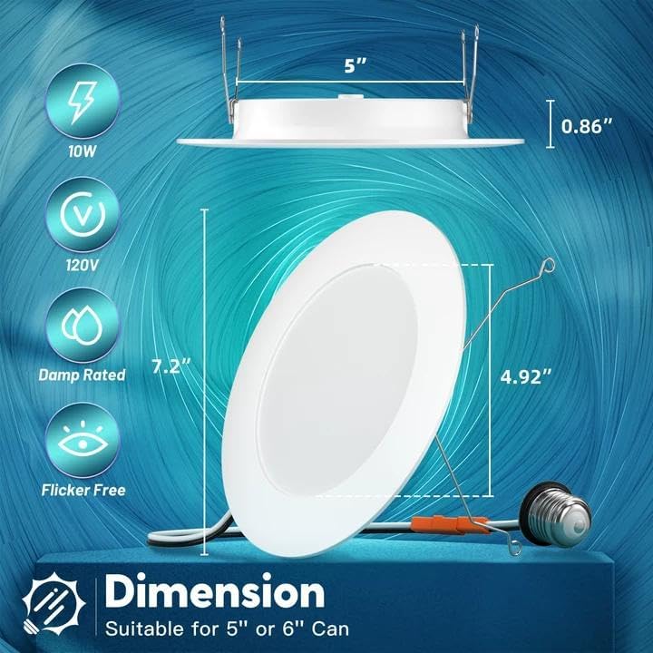FREELICHT 6 عبوة من إضاءة LED المدمجة 6 بوصة، قابل للاختيار 2700K/3000K/4000K/5000K/6000K، أضواء LED مسطحة قابلة للتعتيم، 10W=110W، 1000LM، مصنفة IC ورطبة، ETL وFCC، بيضاء - Image 5